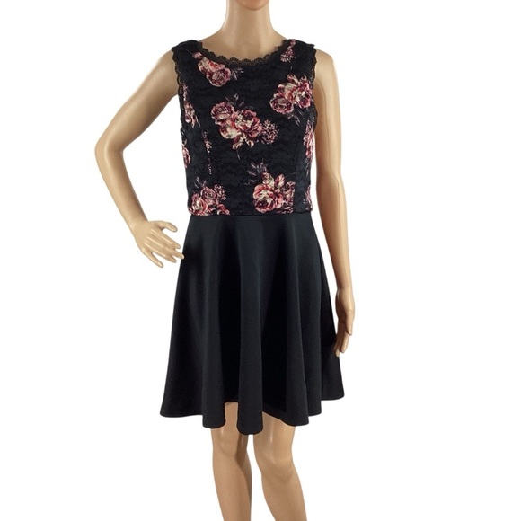 Francesca’s Fit and Flare Dress Black Floral Lace Bodice Medium - Picture 1 of 7